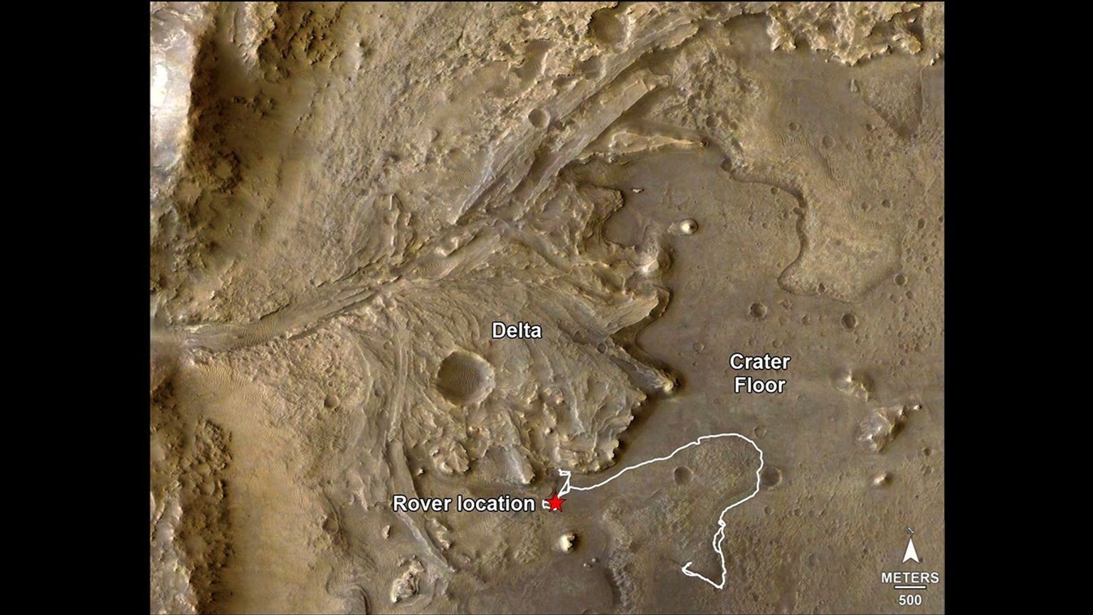 The route of NASA's Perseverance Mars rover is shown in this annotated image composed of overhead views from the agency's Mars Reconnaissance Orbiter (MRO).