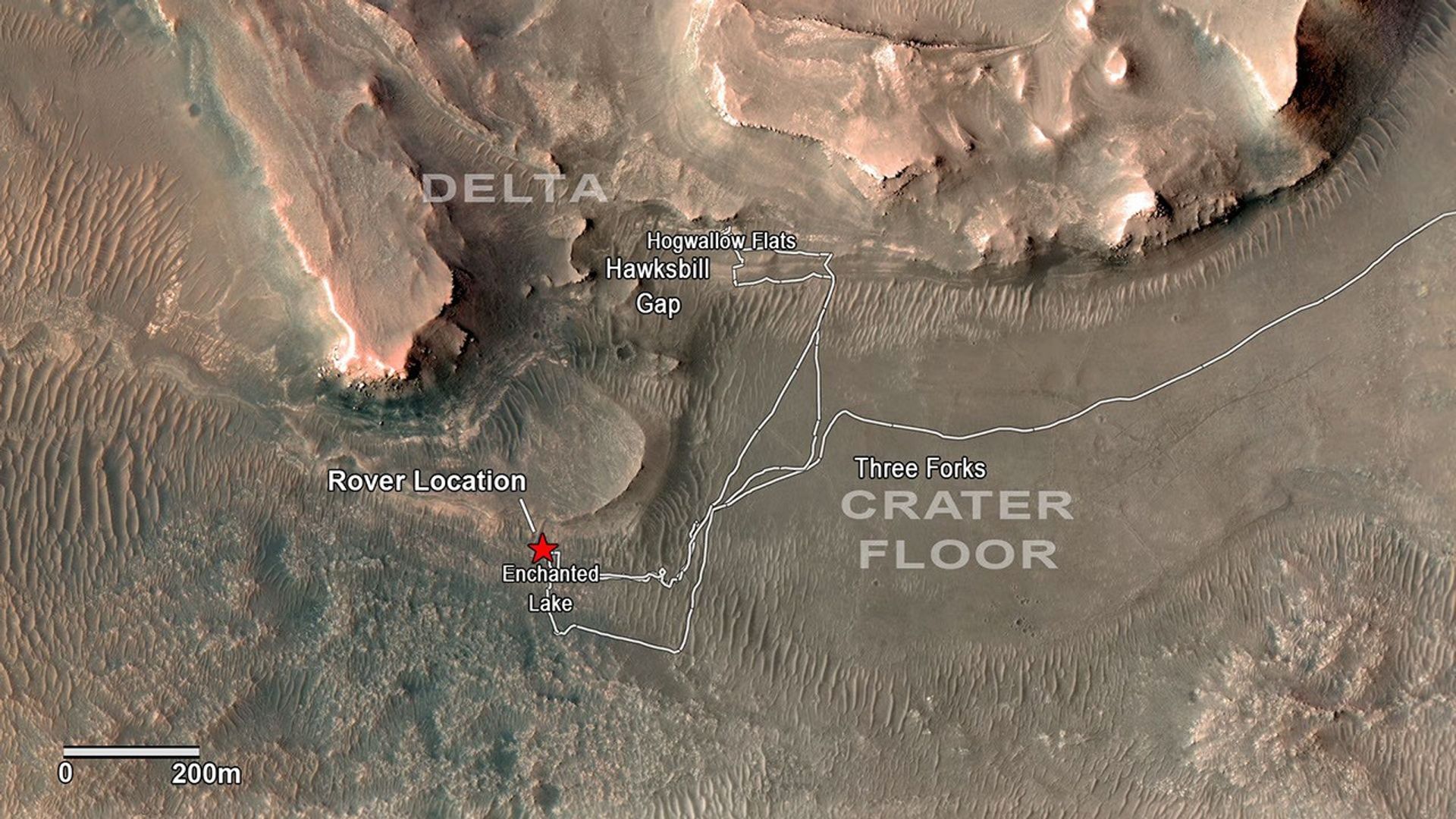 NASA's Perseverance rover has been investigating rocks at the front of the delta in Mars' Jezero Crater along the path indicated in this annotated image taken by the agency's Mars Reconnaissance Orbiter (MRO).