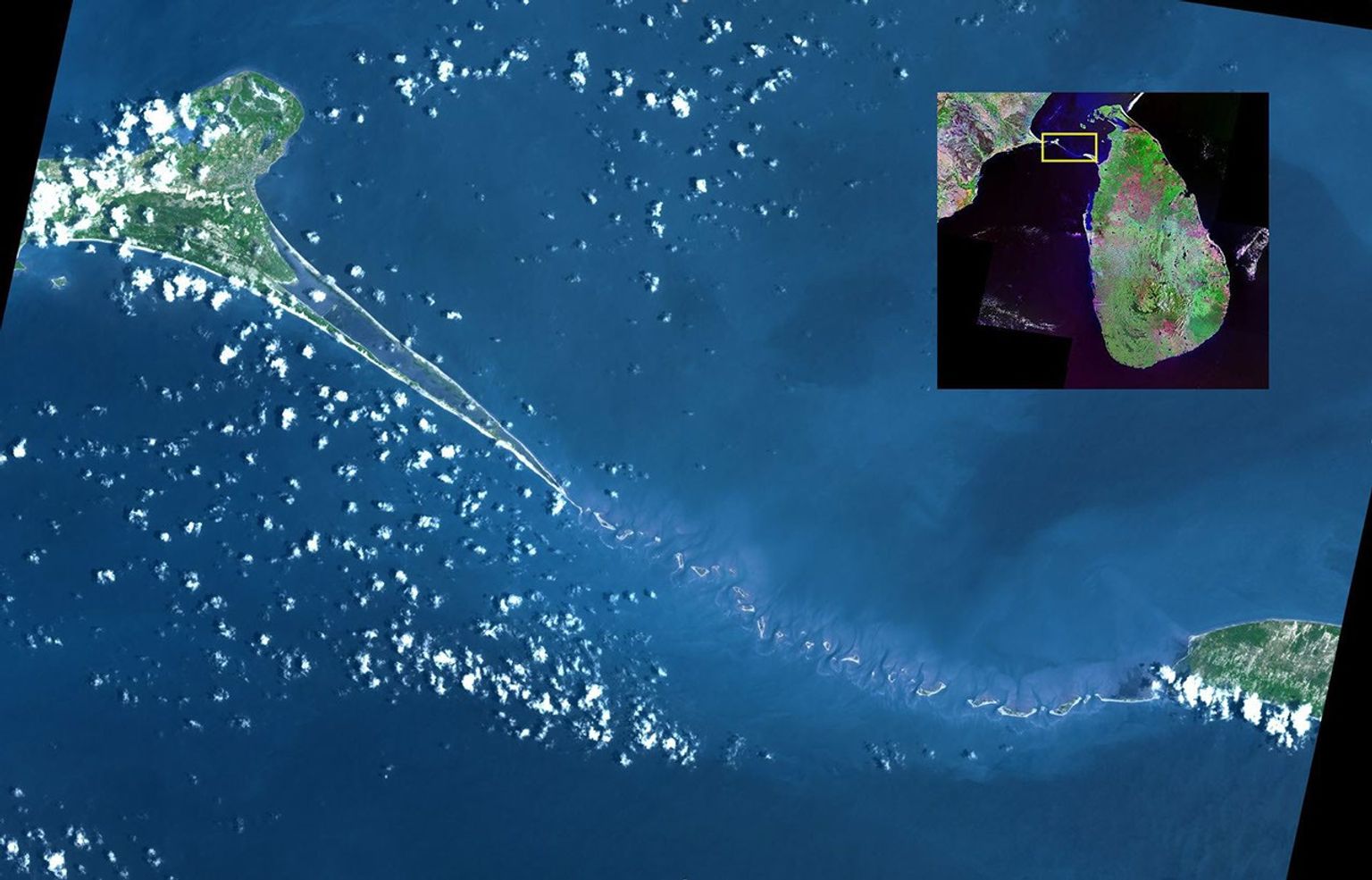 NASA's Terra spacecraft shows Adam's Bridge, a 48 km long chain of limestone shoals, that were formerly a land bridge between India and Sri Lanka.