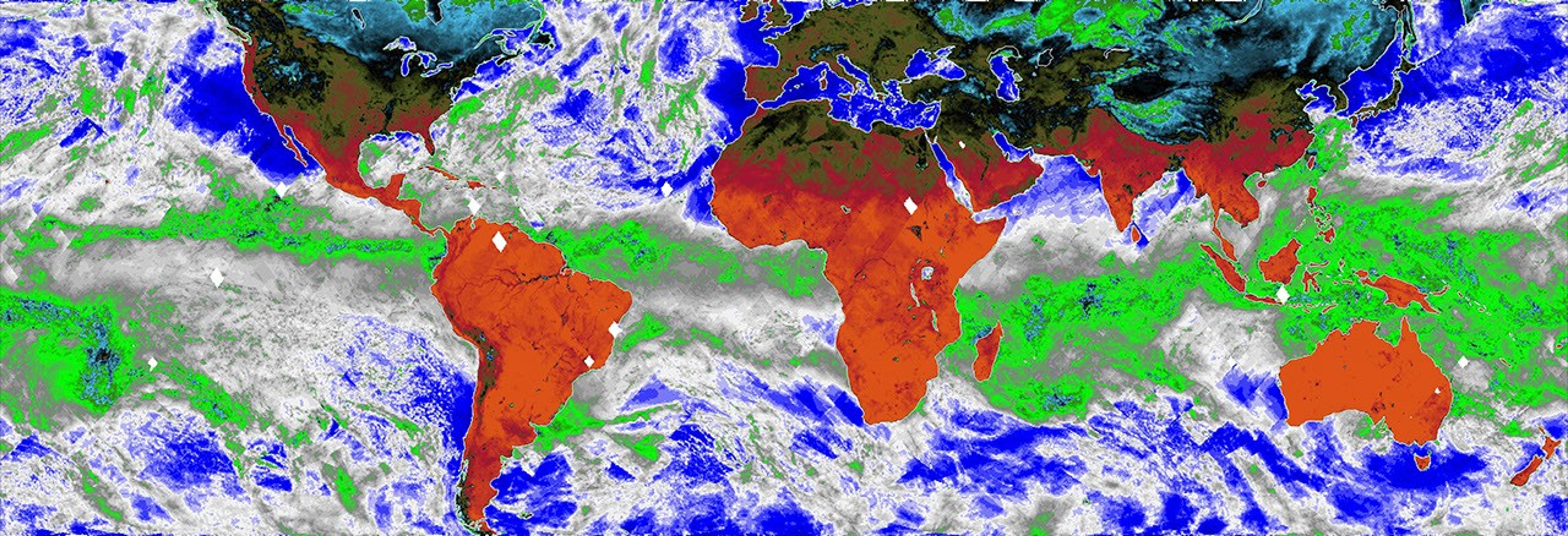 This map, made using COWVR's new observations, shows Earth's microwave emissions at a frequency that provides information on the strength of winds at the ocean surface, the amount of water in clouds, and the amount of water vapor in the atmosphere.