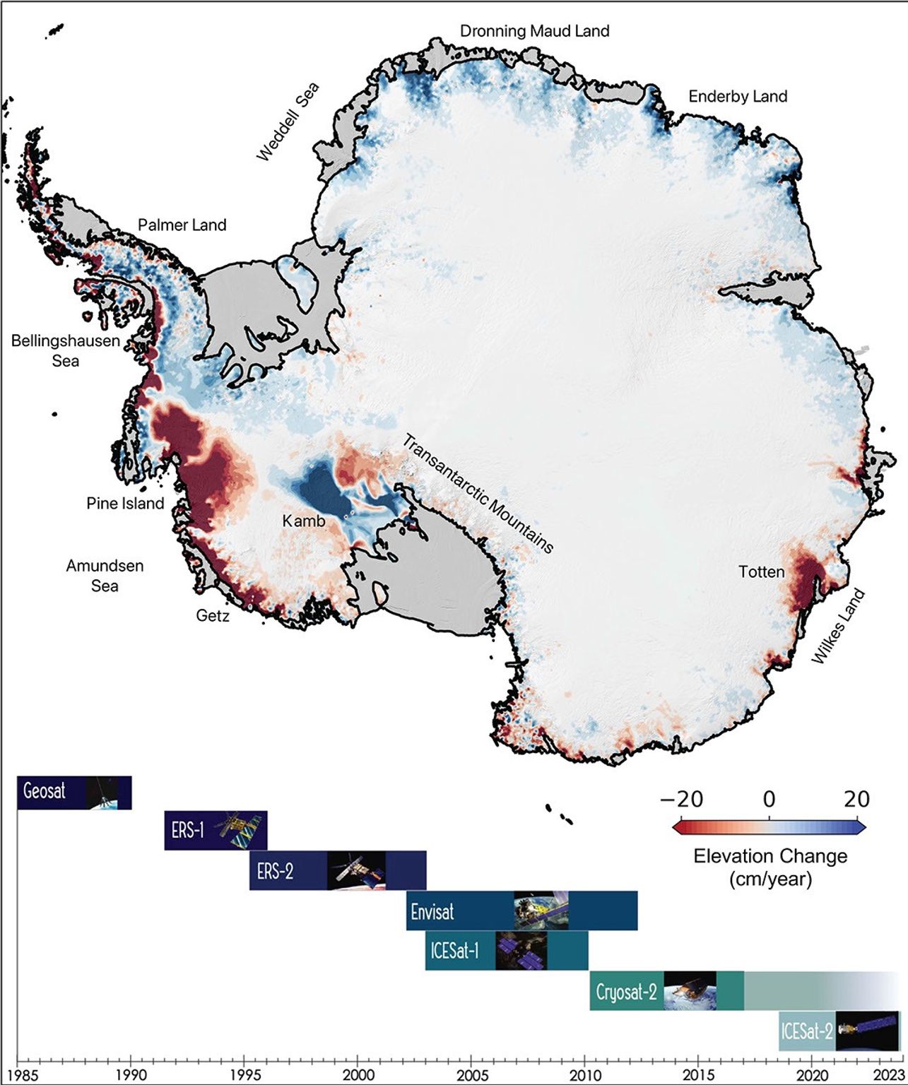 Changes in elevation of the Antarctic ice sheet from 1985 to 2021 are shown.