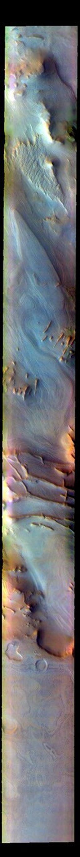 This image from NASA's Mars Odyssey shows part of Angustus Labyrinthus. Angustus Labyrinthus is a unique region near the south polar cap.