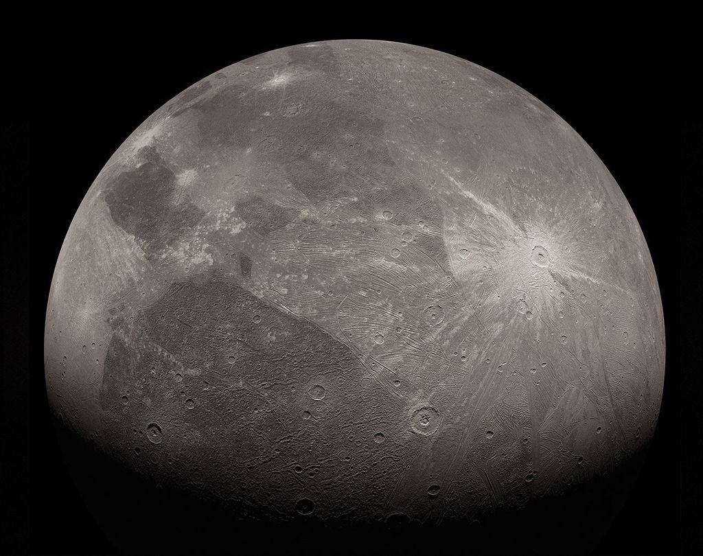 This enhanced image of the Jovian moon Ganymede was obtained by the JunoCam imager aboard NASA's Juno spacecraft during the mission's June 7, 2021, flyby of the icy moon on Juno's 34th pass close to Jupiter.