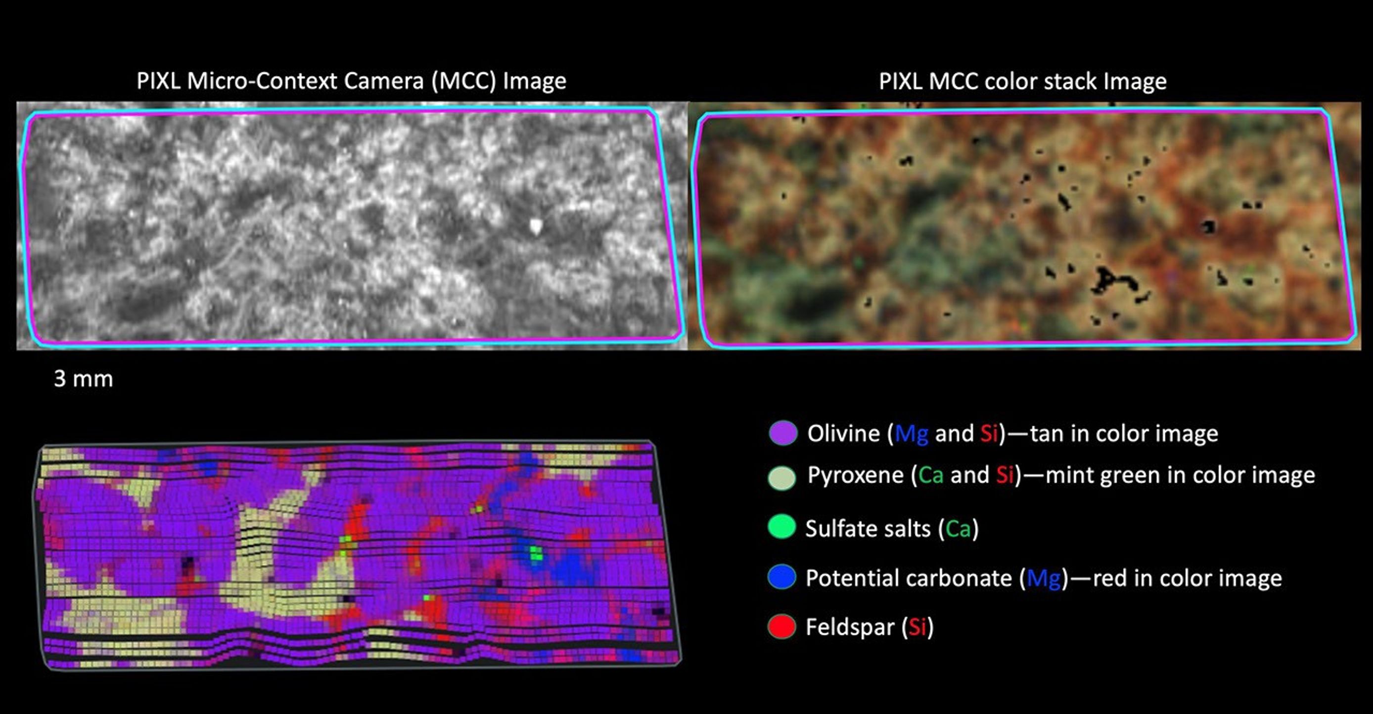 These images show a rock target called Dourbes and a map of chemical elements detected within it by PIXL, one of the instruments aboard NASA's Perseverance Mars rover.
