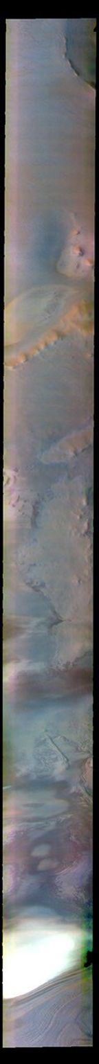 This image from NASA's Mars Odyssey shows part of Argentea Planum. The edge of the south polar cap is visible.