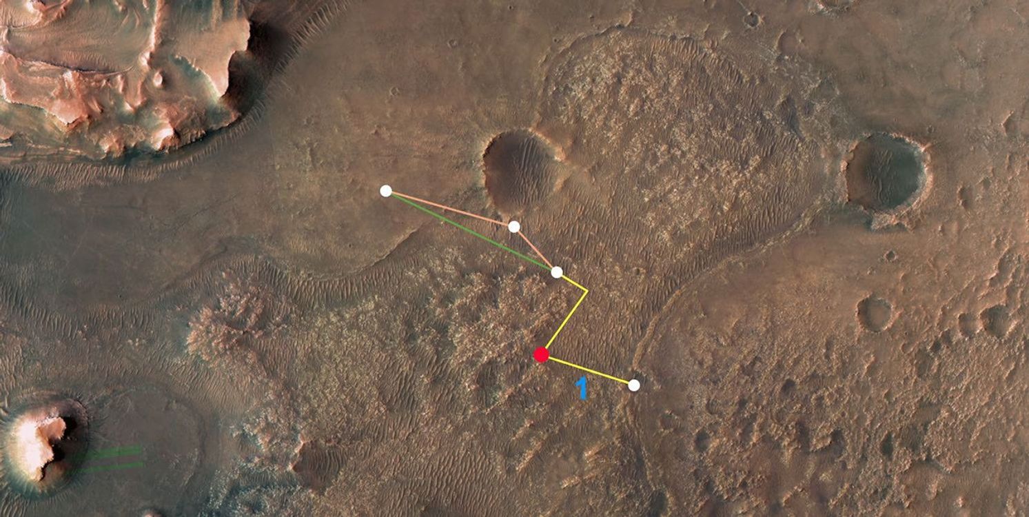 This annotated image depicts the multiple flights – and two different routes – NASA's Ingenuity Mars Helicopter could take on its trip to Jezero Crater's delta.