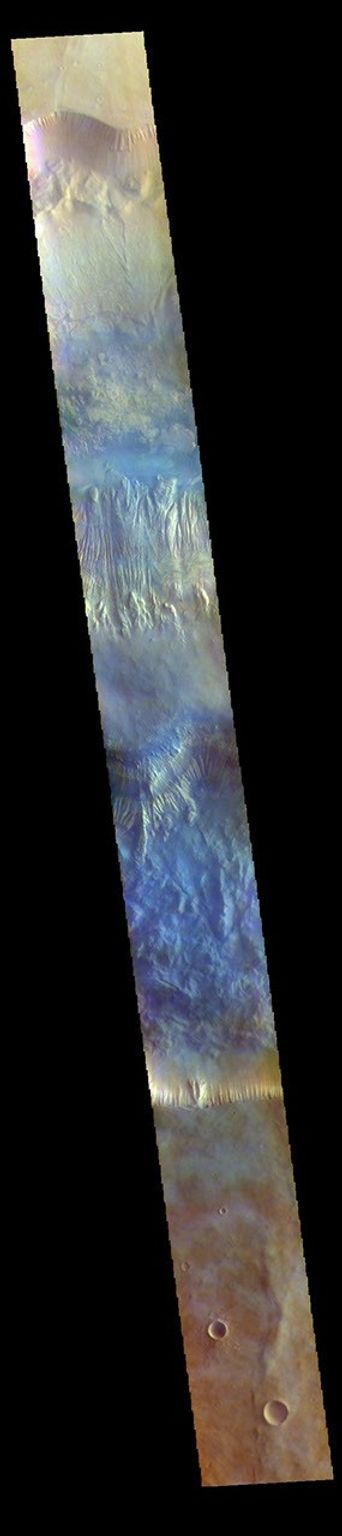 This image from NASA's Mars Odyssey shows a cross section of Hebes Chasma, including Hebes Mensa.