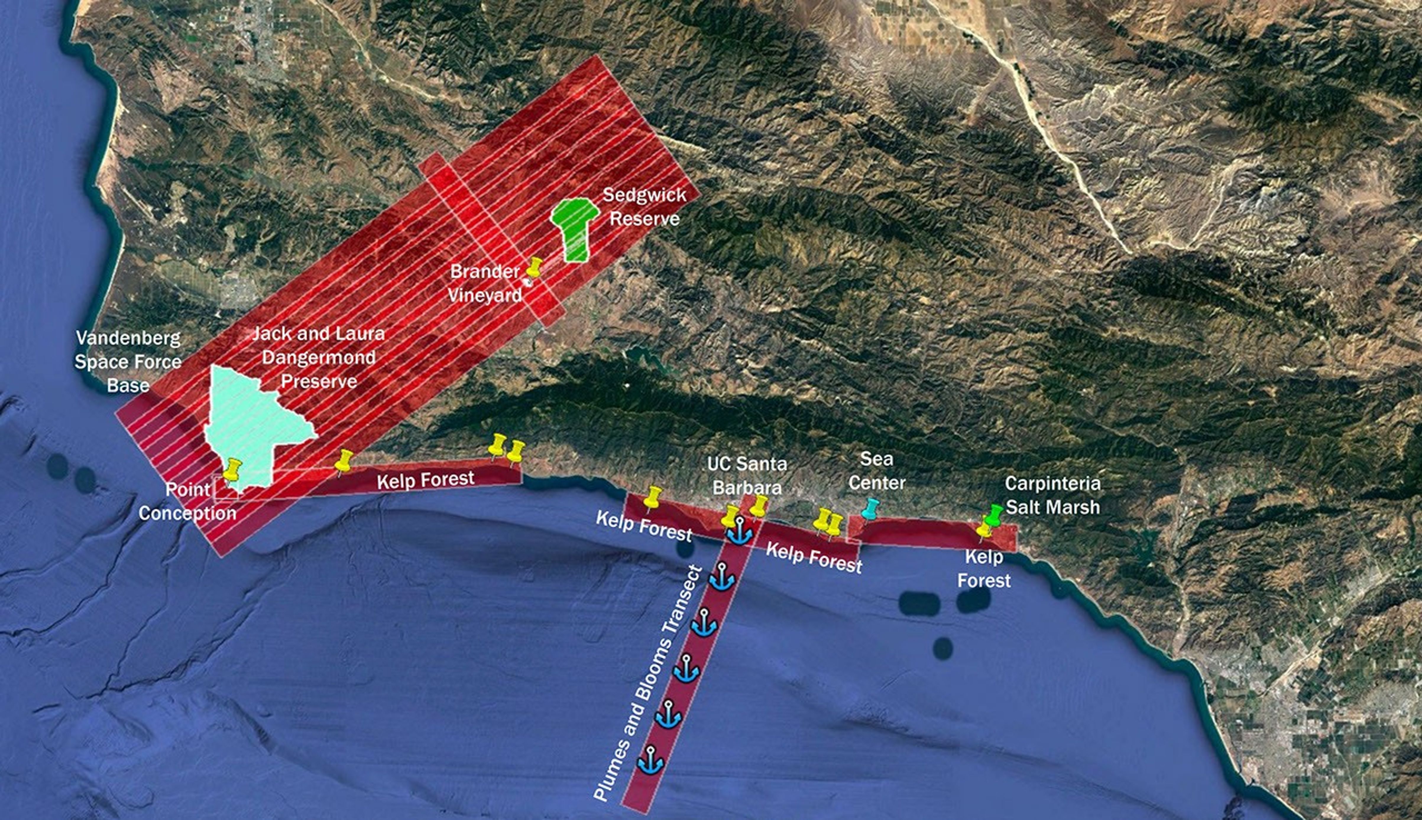The SHIFT campaign uses a research plane carrying the AVIRIS-NG instrument to collect data on the function, health, and resilience of plant communities in the area of Santa Barbara County in this annotated map.