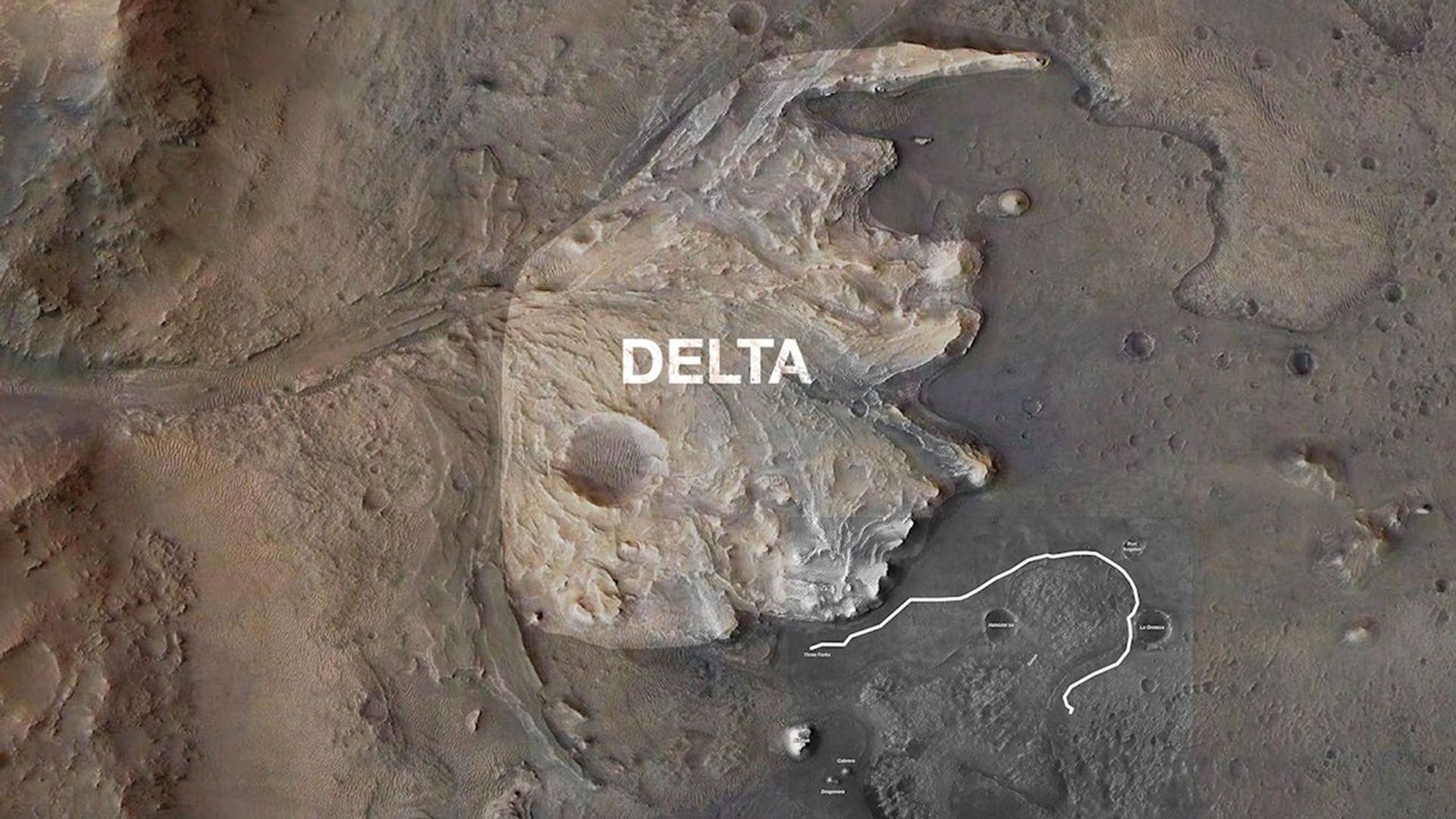 NASA's Perseverance Mars rover will follow the proposed route to Jezero Crater's delta shown in this animation. The delta is one the most important locations the rover will visit as it seeks signs of ancient life on Mars.