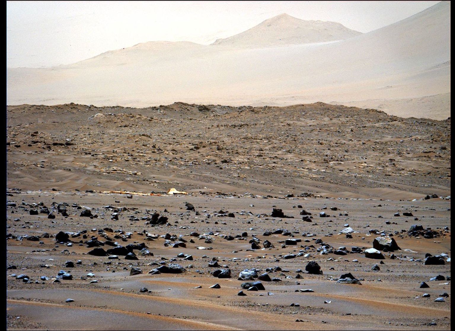 This image of the parachute that helped deliver NASA's Perseverance Mars rover to the Martian surface was taken by the rover's Mastcam-Z instrument on April 6, 2022.