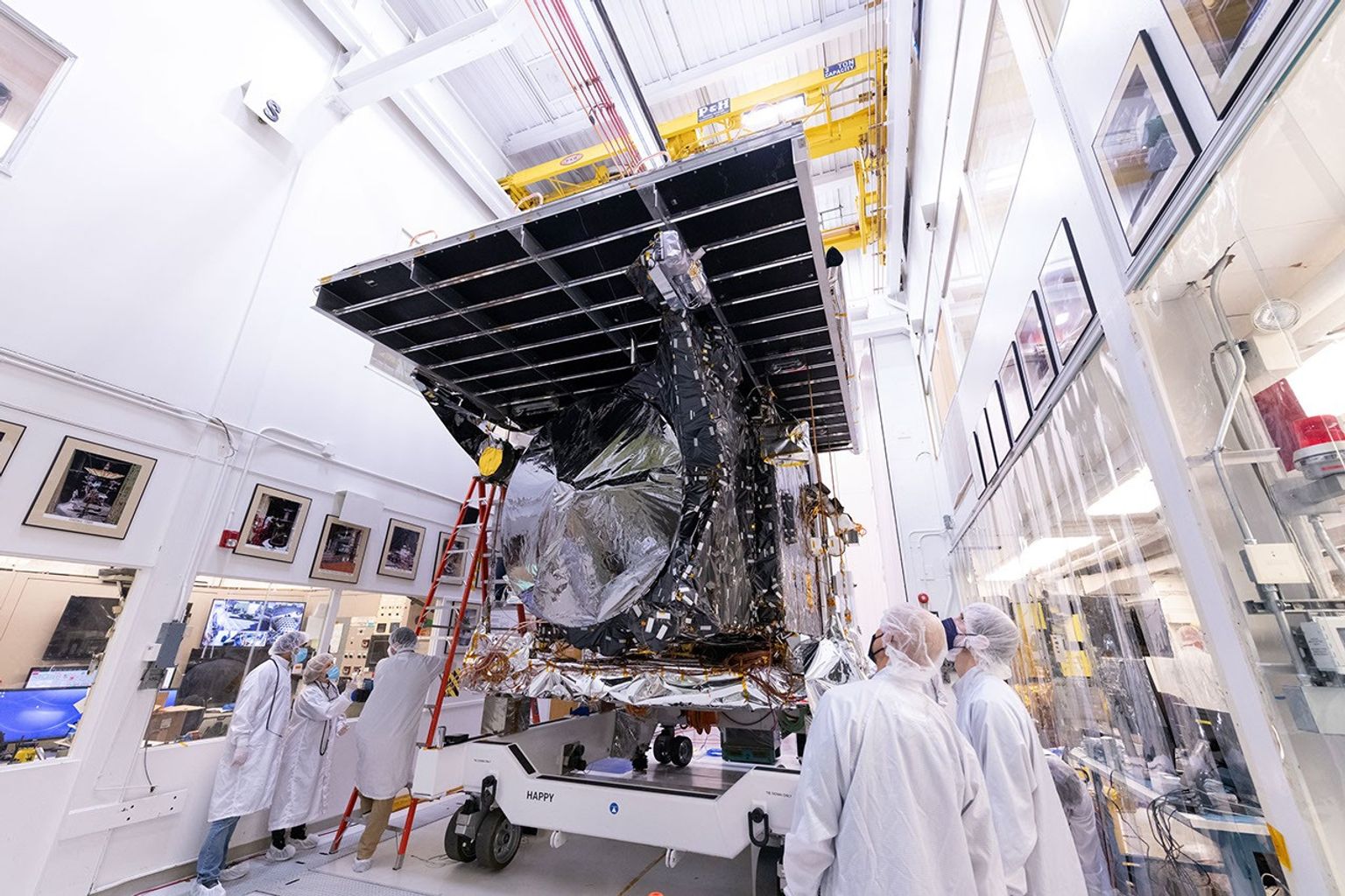 NASA's Psyche spacecraft is seen on its way to the vacuum chamber at the agency's Jet Propulsion Laboratory in Southern California.
