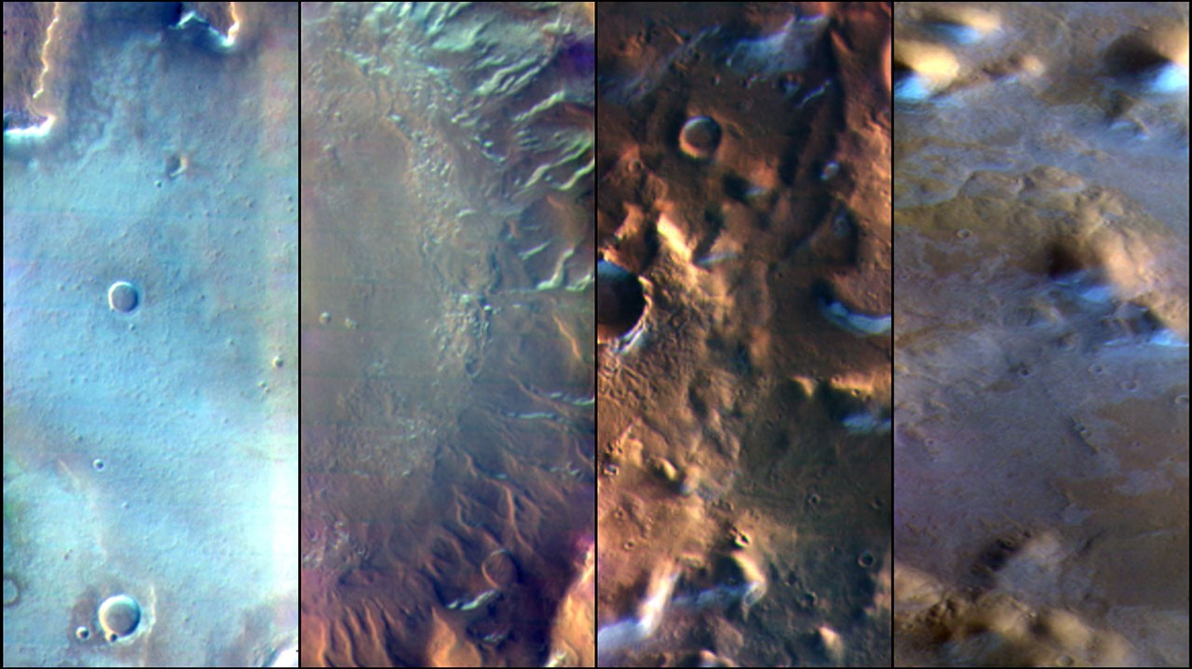 Martian surface frost, made up largely of carbon dioxide, appears blueish-white in these images from the Thermal Emission Imaging System (THEMIS) camera aboard NASA's 2001 Odyssey orbiter.