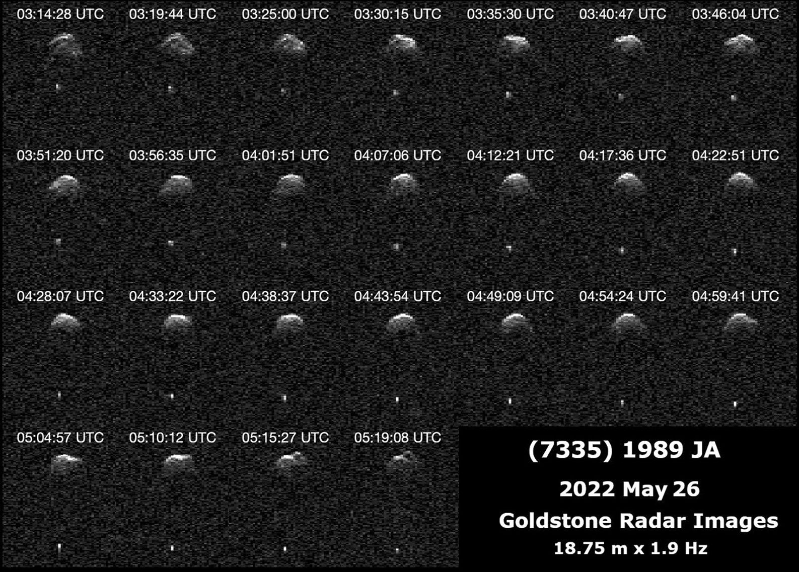 This collage and animation represent NASA radar observations of near-Earth asteroid 7335 1989 JA on May 26, 2022, one day before it made its closest approach with Earth.