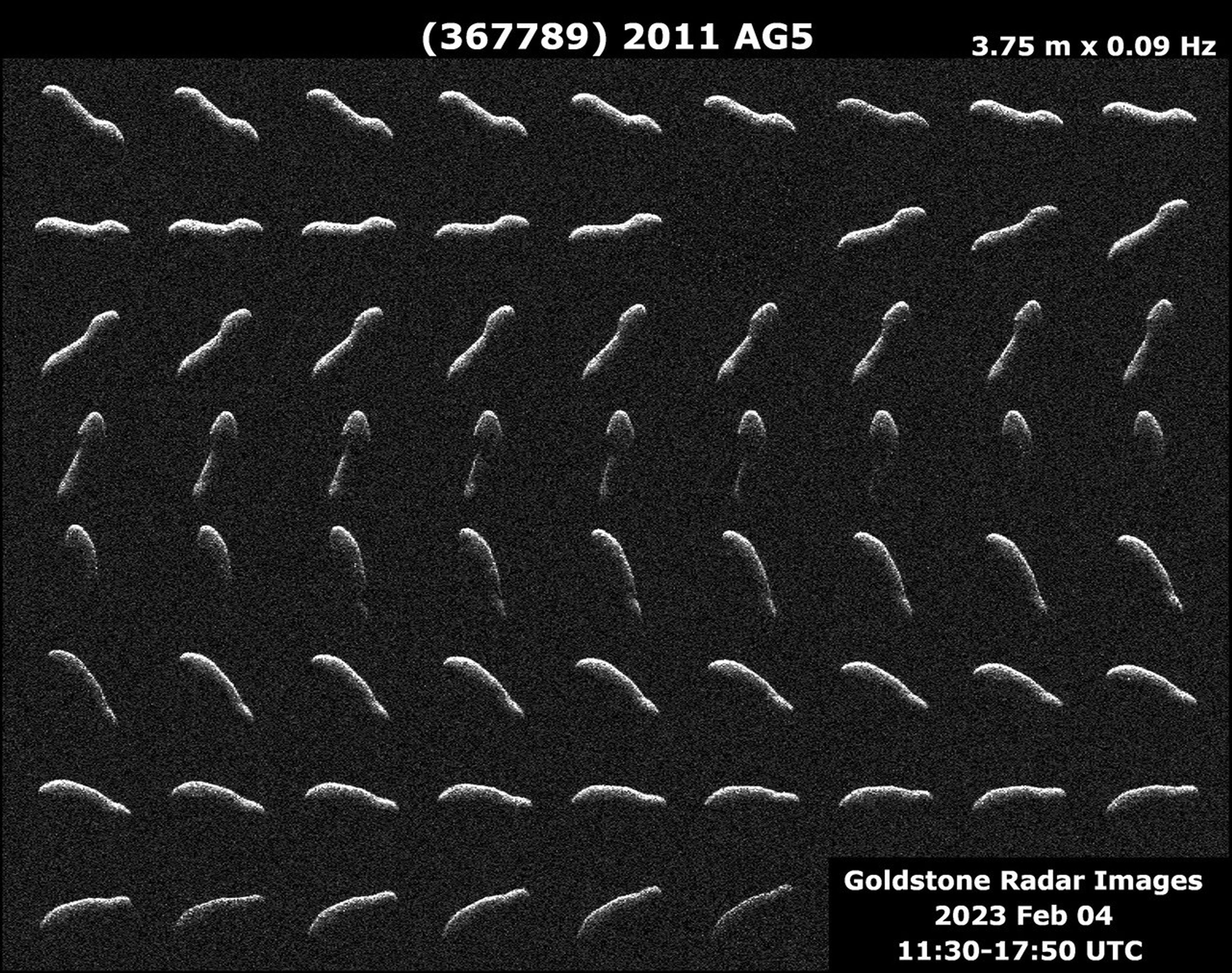 This collage represents NASA radar observations of near-Earth asteroid 2011 AG5 on Feb. 4, 2023, one day after its close approach to Earth brought it about 1.1 million miles (1.8 million kilometers) from our planet.