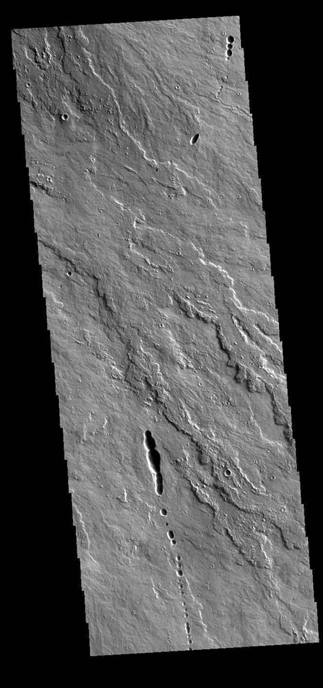 This image from NASA's Mars Odyssey shows a small portion of the immense lava flows that originated from Arsia Mons.
