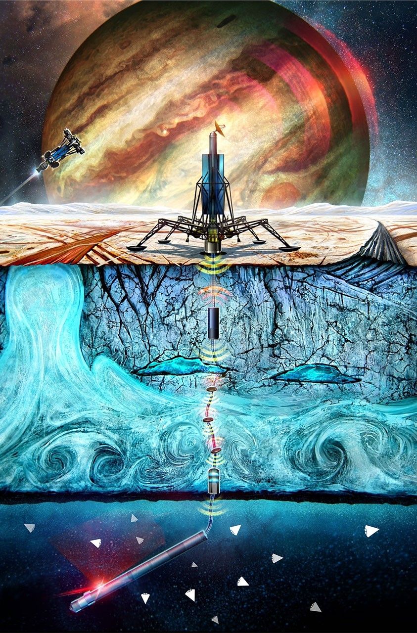 This illustration shows the NASA cryobot concept called Probe using Radioisotopes for Icy Moons Exploration (PRIME) deploying tiny wedge-shaped robots into the ocean miles below a lander on the frozen surface of an ocean world.