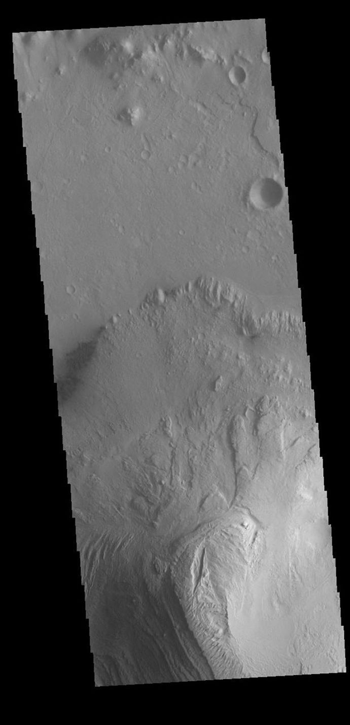 This image from NASA's Mars Odyssey shows part of Gale Crater, including the large layered deposit on the crater floor.