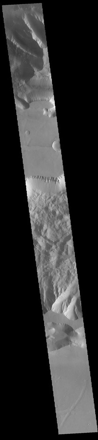 This image from NASA's Mars Odyssey shows the southern cliffside of Tithonium Chasma and the complete cross section of Ius Chasma.