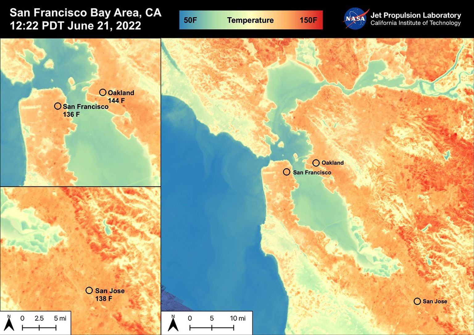 On June 21st, 2022, the San Francisco Bay Area experienced high temperatures as a hot mass of air remained over the region. San Francisco reached 92 degrees Fahrenheit. The Land Surface Temperature at 12:22 PM ranged from 60 to 150 degrees Fahrenheit.