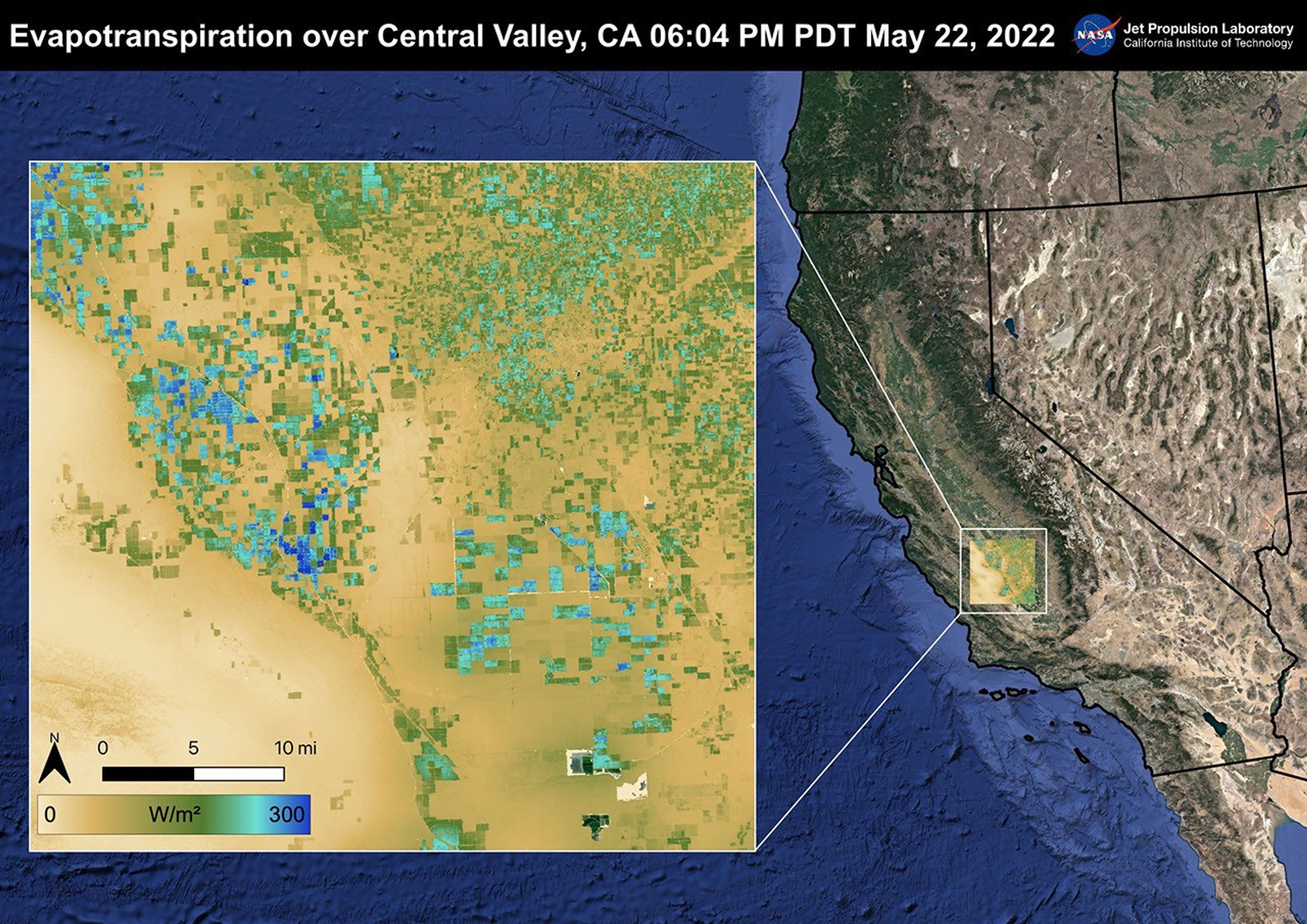 As California is in a continuing drought, it is important to monitor agricultural plant life to ensure maximized productivity. This Evapotranspiration image was captured by ECOSTRESS on May 22, 2022.