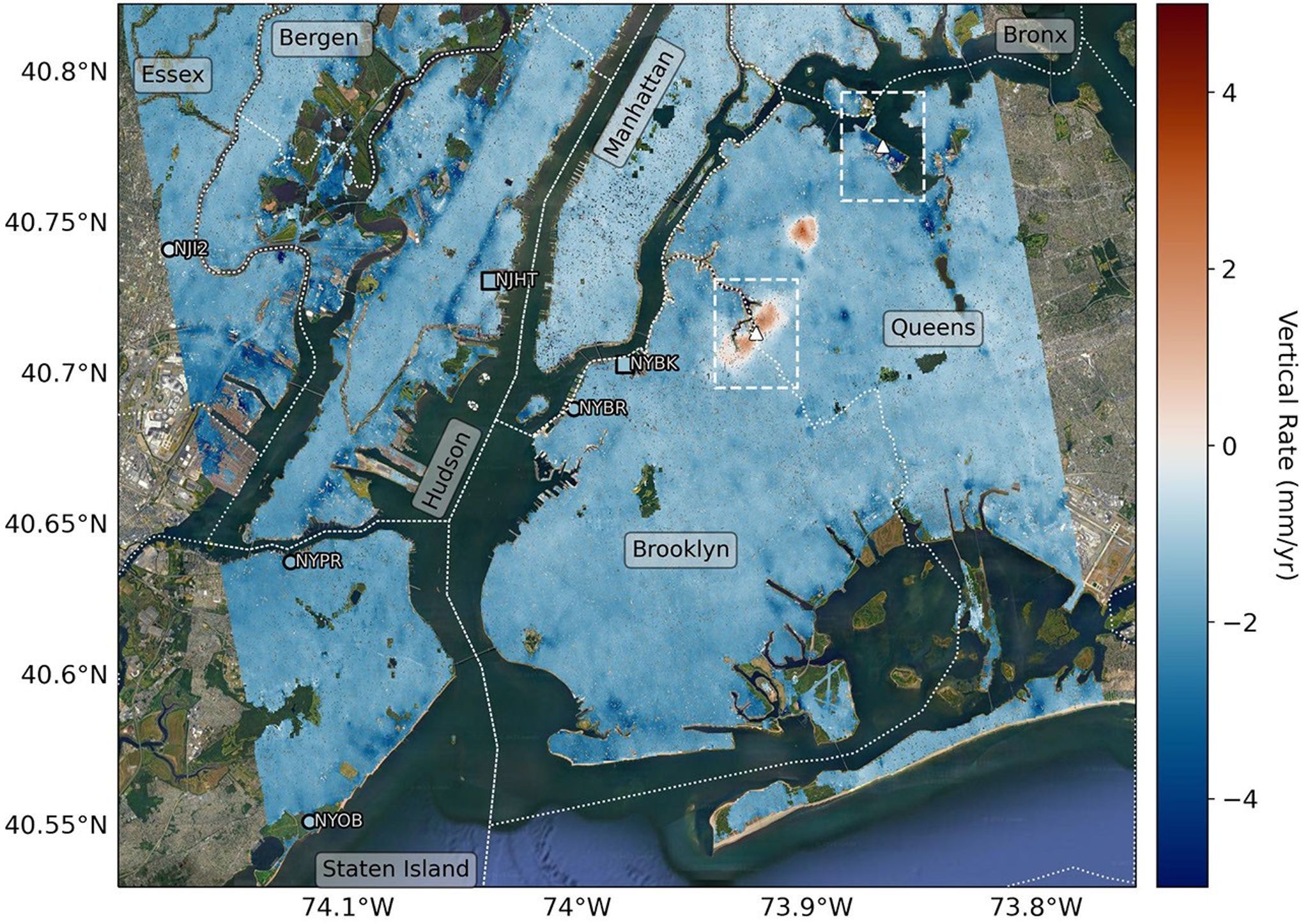 Mapping vertical land motion across the New York City area, researchers found the land sinking by about 0.06 inches (1.6 millimeters) per year on average. They also detected modest uplift in Queens and Brooklyn.
