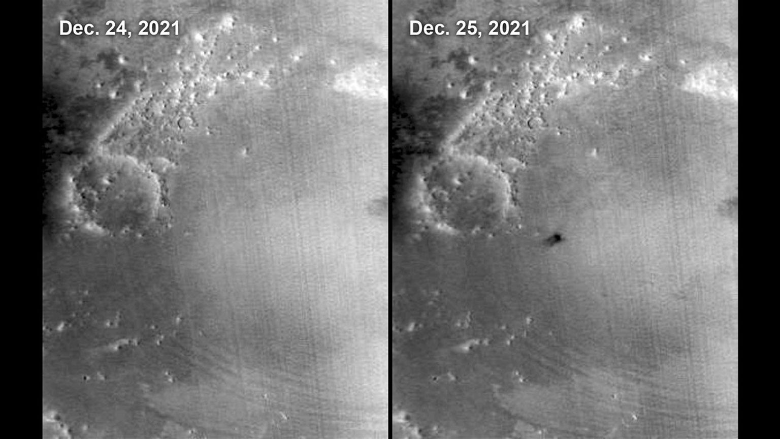 The Mars Color Imager (MARCI) camera aboard NASA's Mars Reconnaissance Orbiter (MRO) captured this before-and-after comparison of a region of Mars called Amazonis Planitia, which was struck by a meteoroid on Dec. 24, 2021.