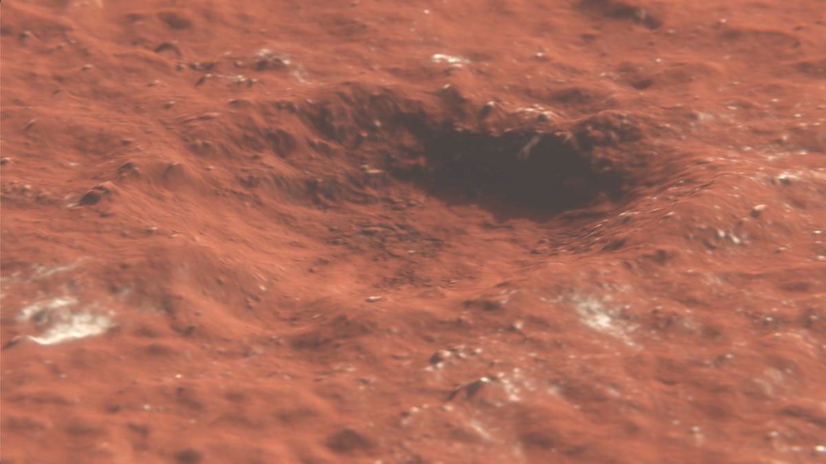 This animation depicts a flyover of a meteoroid impact crater on Mars that's surrounded by boulder-size chunks of ice. The animation was created using data from the HiRISE camera aboard NASA's Mars Reconnaissance Orbiter.