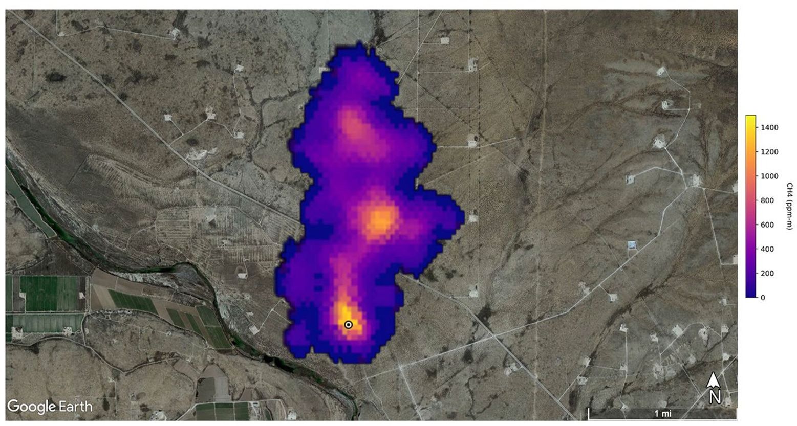 This image shows a 2-mile (3-kilometer) long plume of methane southeast of Carlsbad, New Mexico. Methane is a potent greenhouse gas that is much more effective at trapping heat in the atmosphere than carbon dioxide.