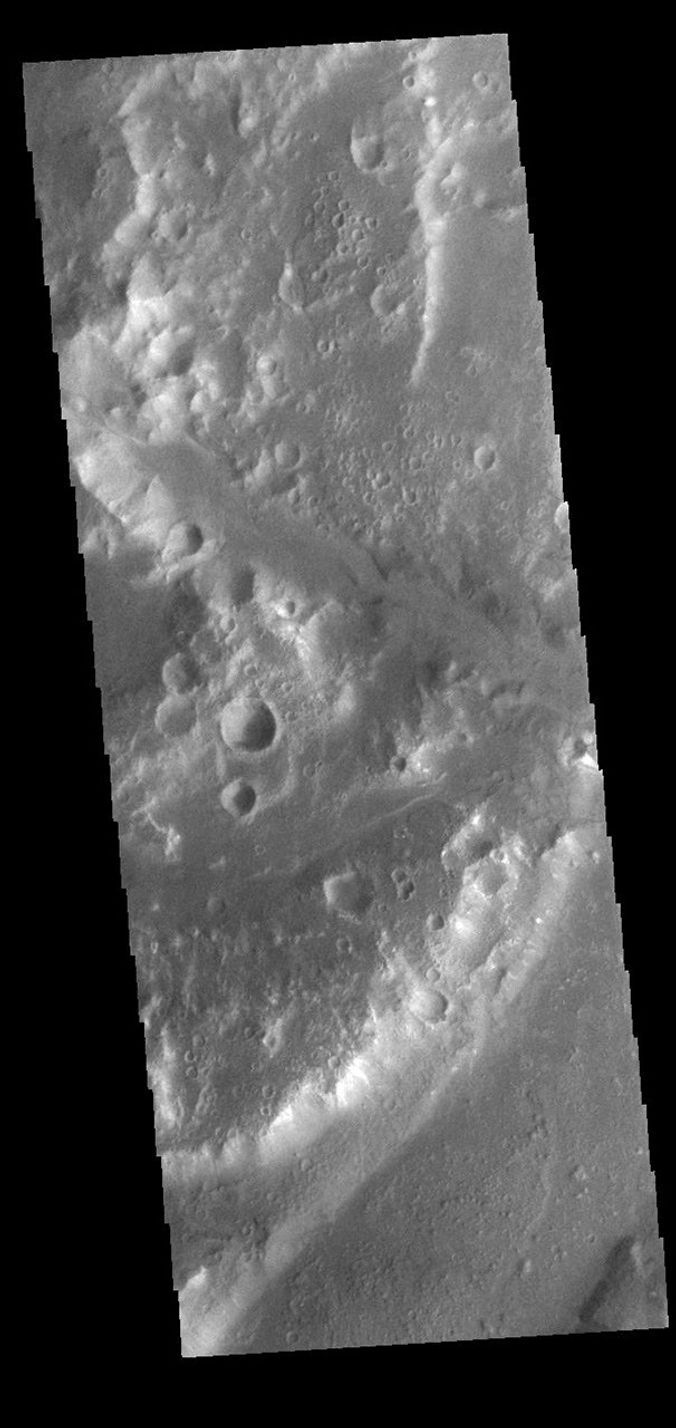 This image from NASA's Mars Odyssey shows a section of Ladon Vallis. The channel is 278km long (173 miles). Ladon Vallis is located in Noachis Terrra and flows northward to Margaritifer Terra.