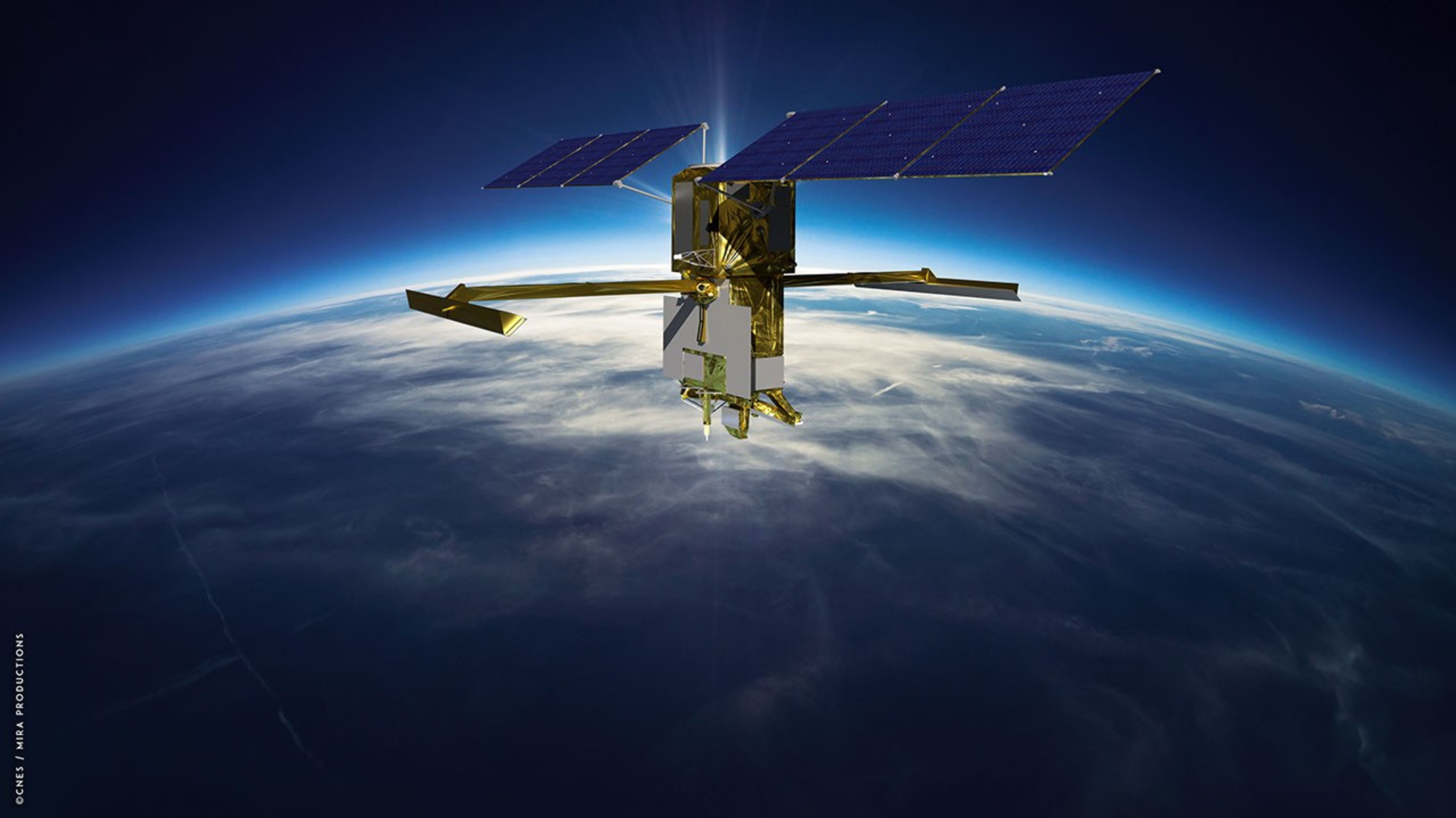 This illustration shows the Surface Water and Ocean Topography (SWOT) satellite in orbit with its solar panels and KaRIn instrument antennas deployed.