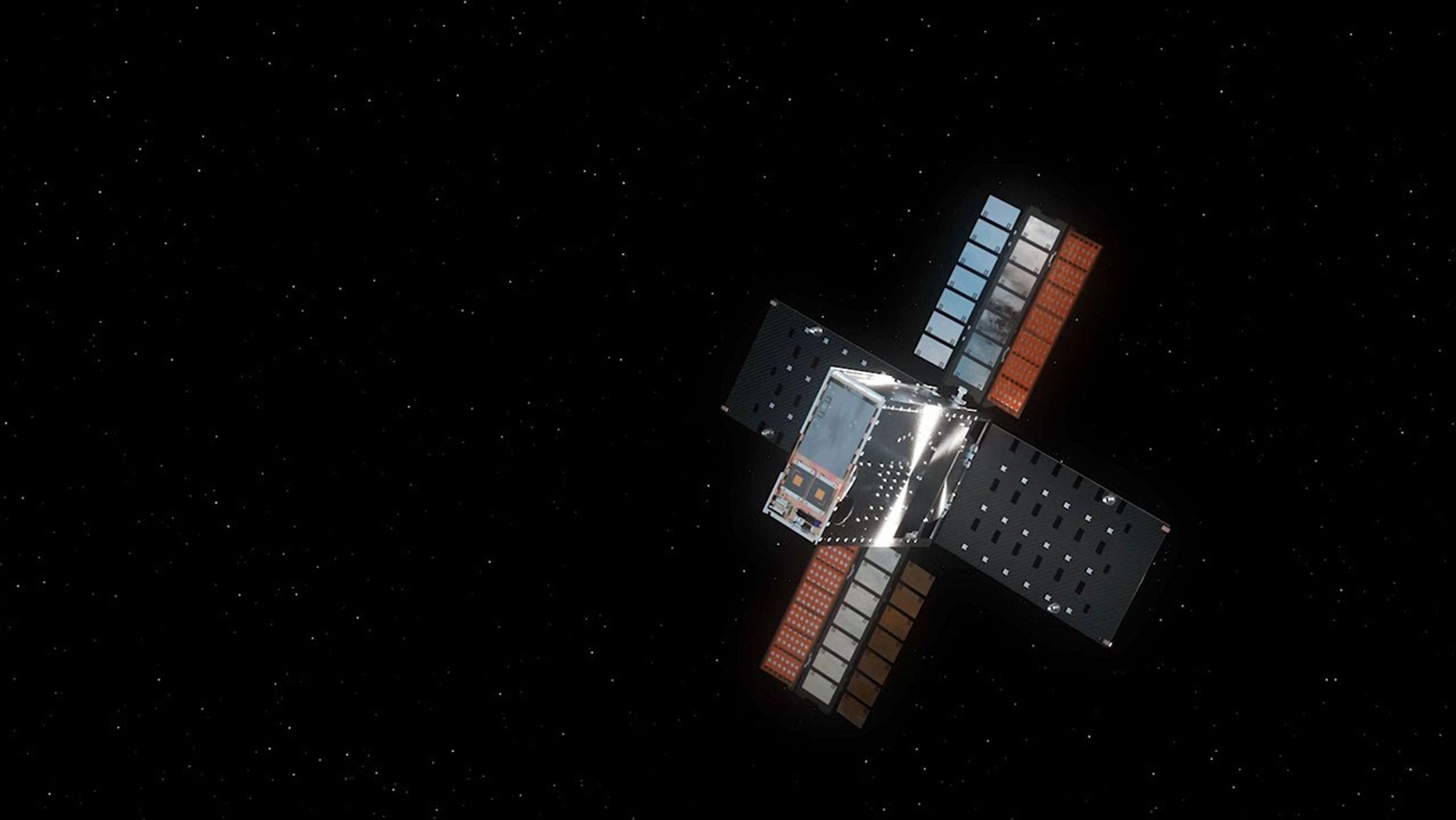 This illustration shows NASA's Lunar Flashlight, with its four solar arrays deployed. The small satellite will take about three months to reach its science orbit to seek out surface water ice in the Moon's South Pole.