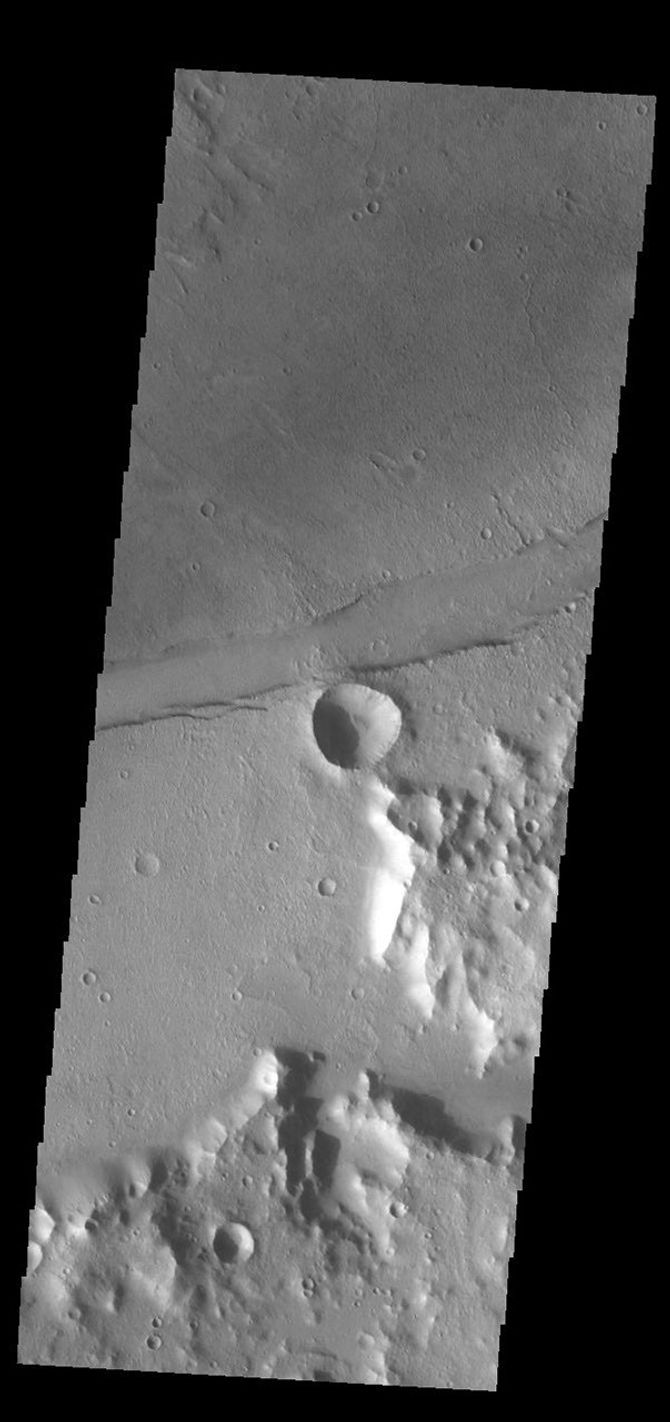 This image from NASA's Mars Odyssey shows a linear feature, a tectonic graben, part of Sirenum Fossae.