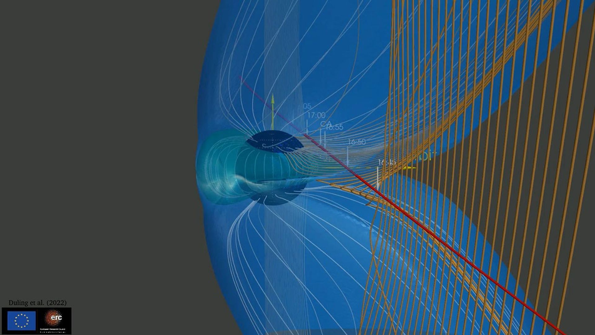 This animation illustrates how the magnetic field surrounding Jupiter's moon Ganymede interacts with and disrupts the magnetic field surrounding Jupiter.