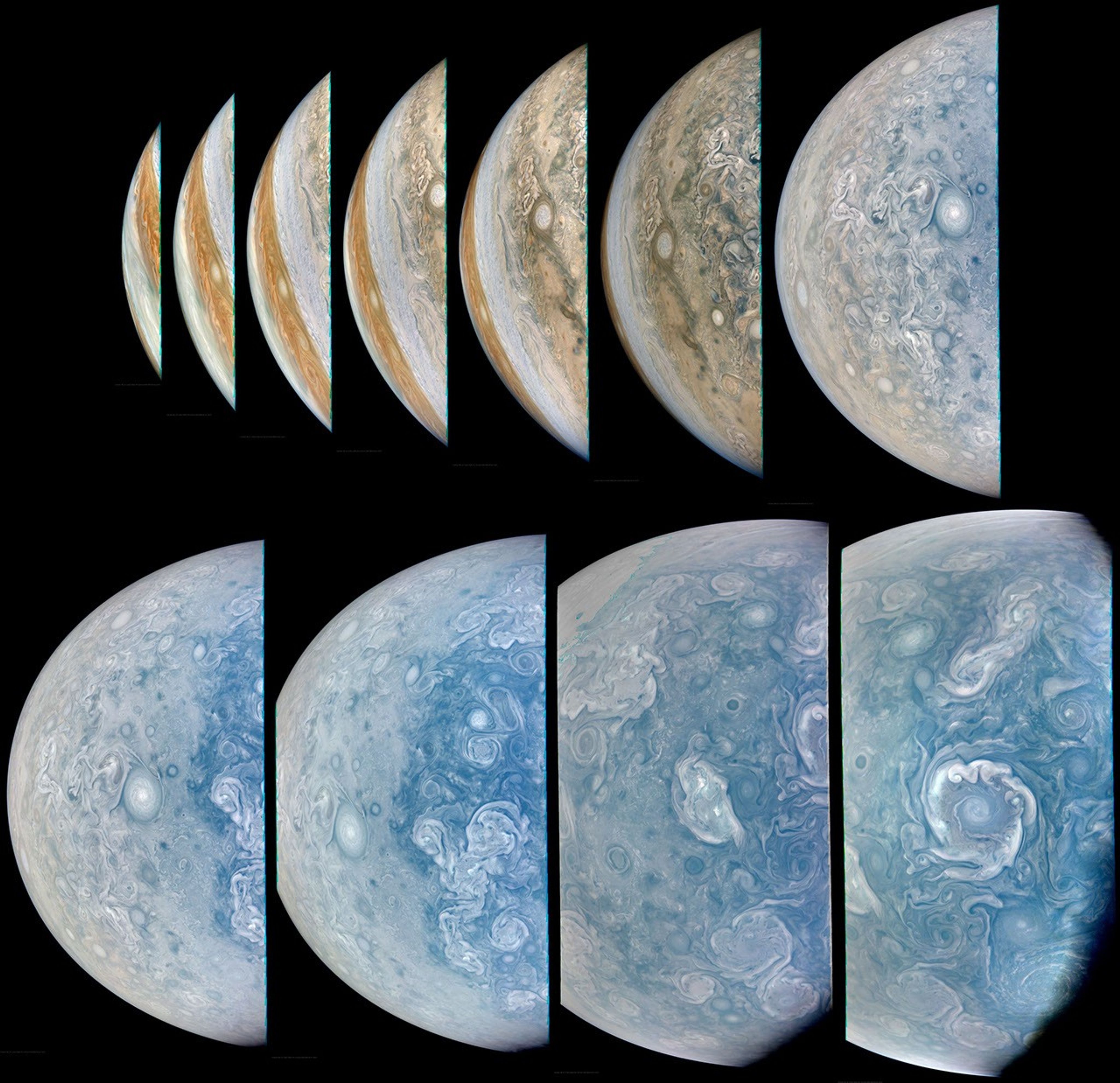 The JunoCam instrument aboard NASA's Juno spacecraft captured this series of images as it approached the giant planet and swung low over its north polar region on Sept. 20, 2024.