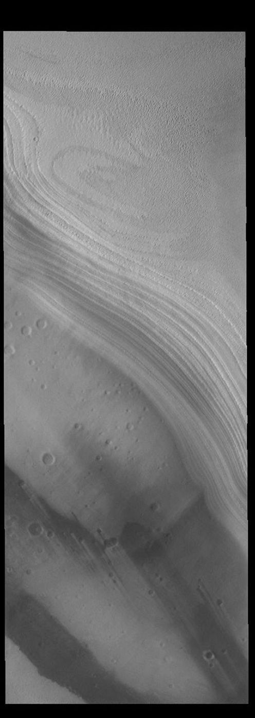 This image from NASA's Mars Odyssey shows part of the south polar cap. The cap is comprised of layers of ice and dust deposited over millions of years.