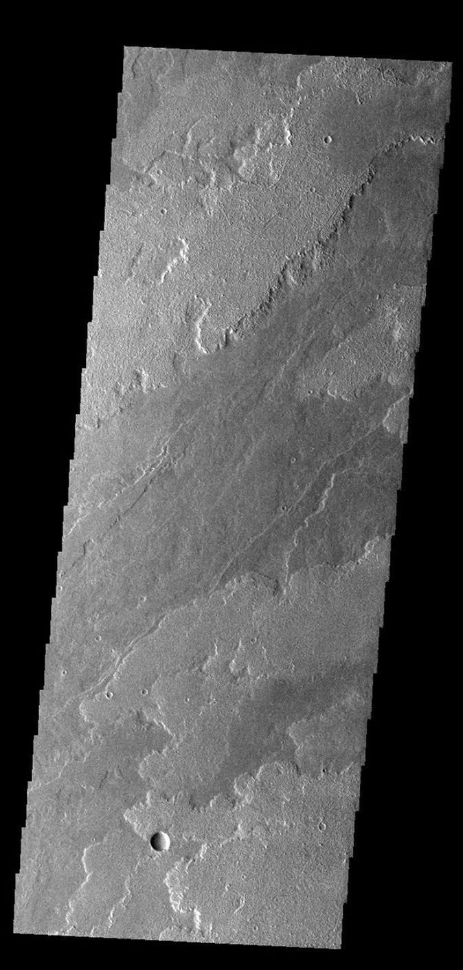 This image from NASA's Mars Odyssey shows a small portion of the immense lava flows that originated from Arsia Mons.