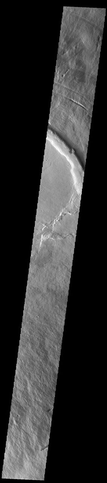 This image from NASA's Mars Odyssey shows a cross section of the upper elevations of Pavonis Mons, including part of the summit caldera.