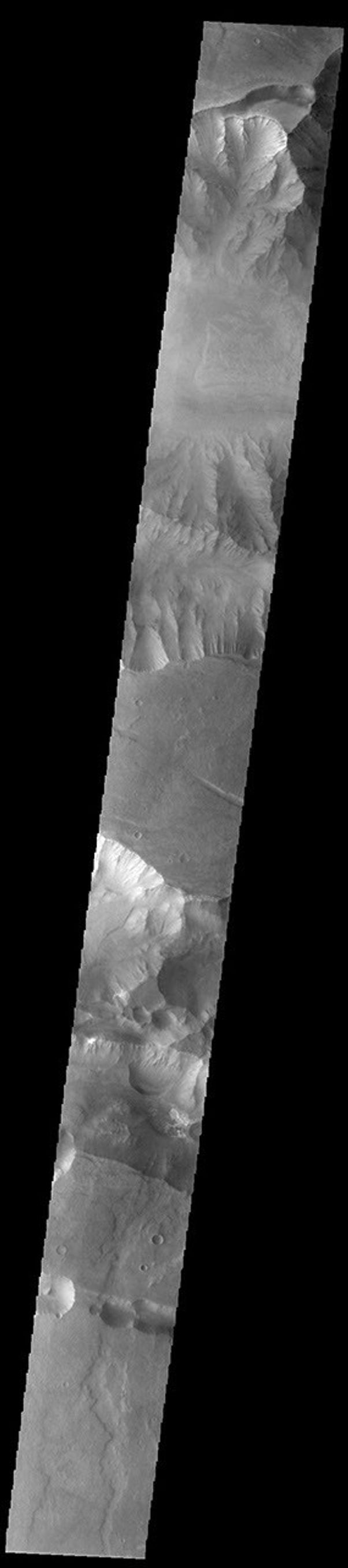 This image from NASA's Mars Odyssey shows a cross section of Coprates Chasma. The floor of the canyon is covered by large landslide deposits.