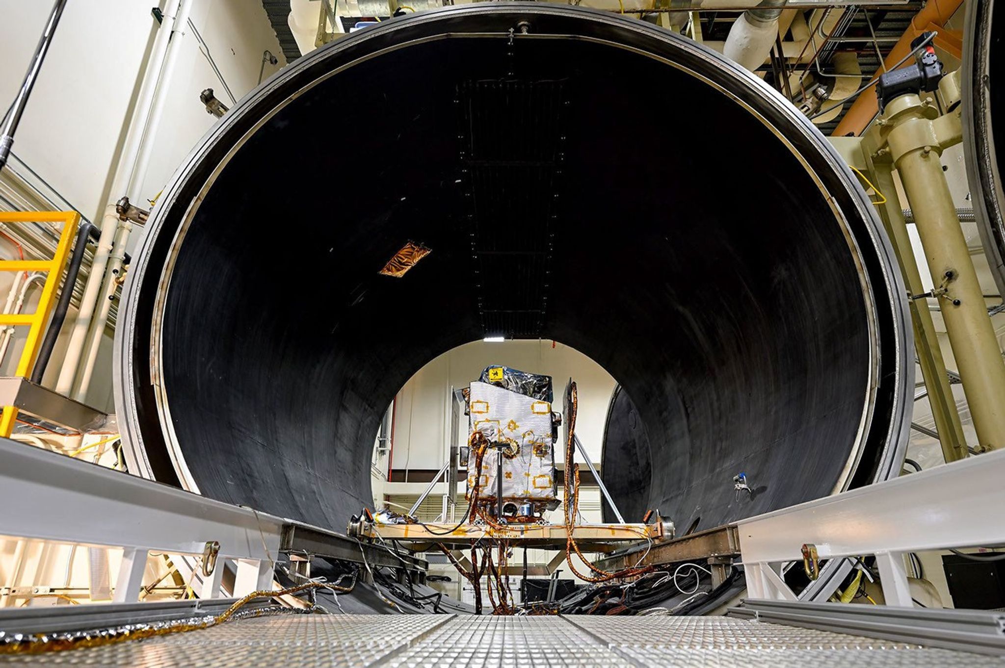 NASA's Lunar Trailblazer is shown here during thermal vacuum chamber (TVAC) testing at Lockheed Martin Space in Littleton, Colorado, in June 2023.