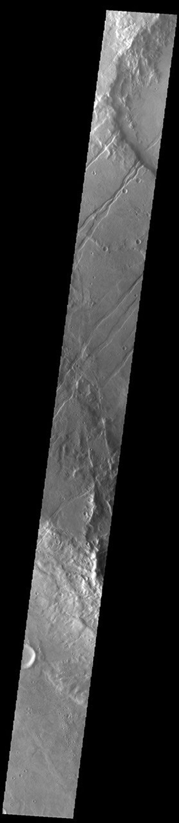 This image from NASA's Mars Odyssey shows linear features, tectonic graben called Icaria Fossae and they are located in Terra Sirenum.