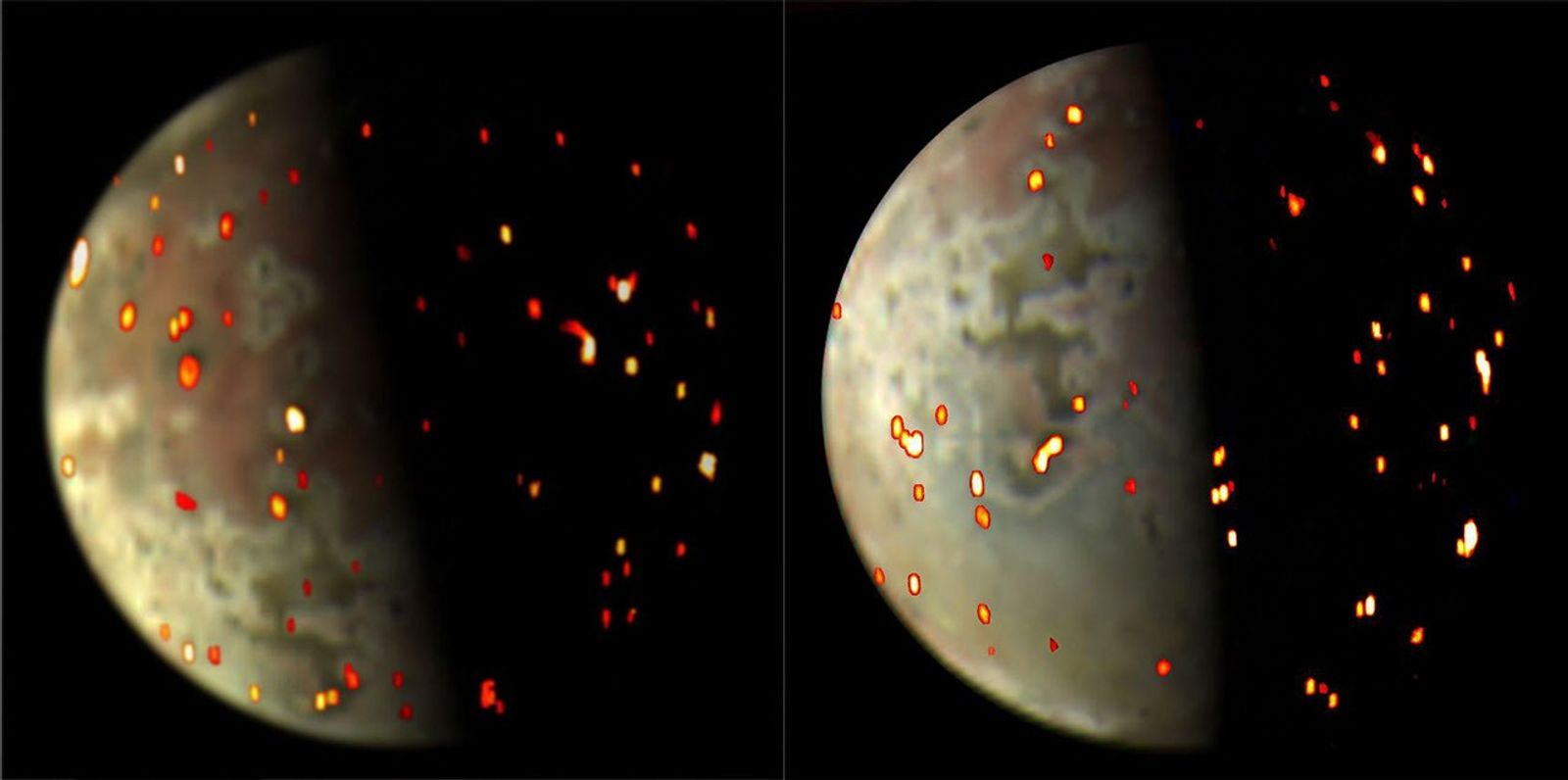 Color and infrared observation of hot volcanic regions on Io