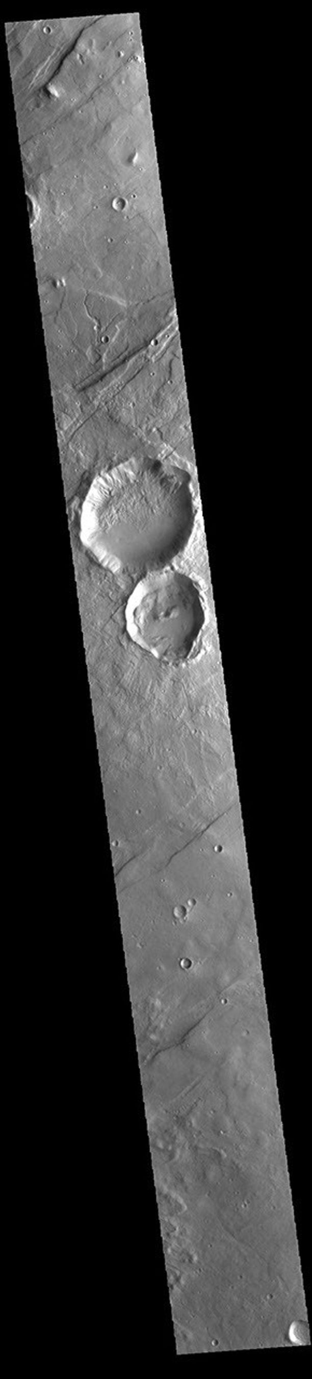 This image from NASA's Mars Odyssey shows a portion of Tempe Terra, including two unnamed craters.