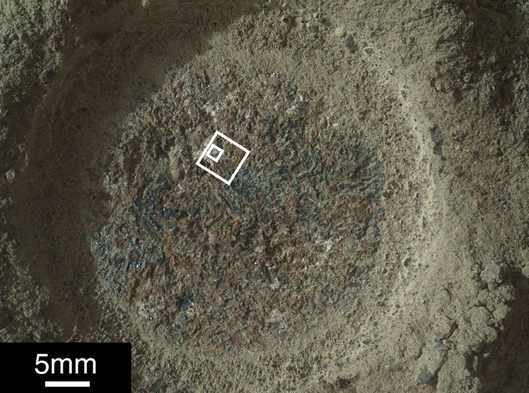 This image is of a rock target nicknamed Quartier, which was studied by the SHERLOC instrument aboard NASA's Perseverance Mars rover. The white square shows the area that SHERLOC zapped with its ultraviolet laser.