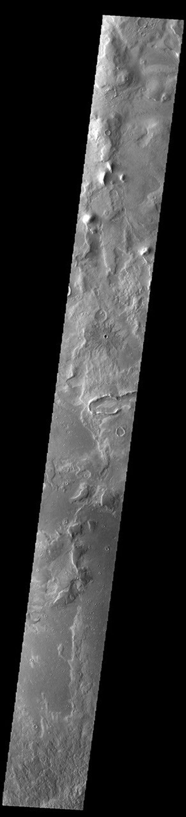 This image from NASA's Mars Odyssey shows a portion of Phlegra Montes, a region of hills and ridges near Arcadia Planitia.