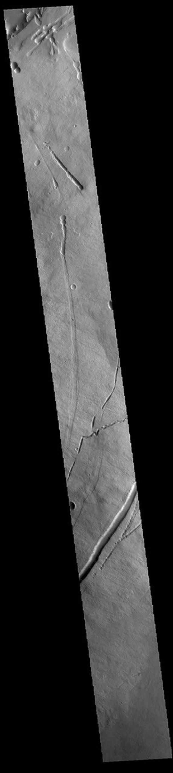 This image from NASA's Mars Odyssey shows part of the eastern flank of Pavonis Mons.