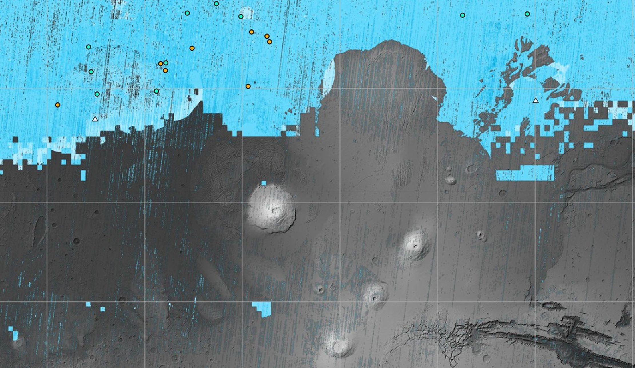 The blue areas on this map of Mars are regions where NASA missions have detected subsurface water ice. Scientists can use the map to decide where the first astronauts to set foot on the Red Planet should land.