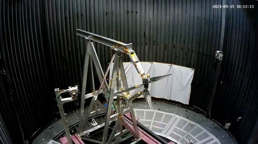 A dual rotor system for the next generation of Mars helicopters is tested in the 25-Foot Space Simulator at NASA's Jet Propulsion Laboratory on Sept.15, 2023.