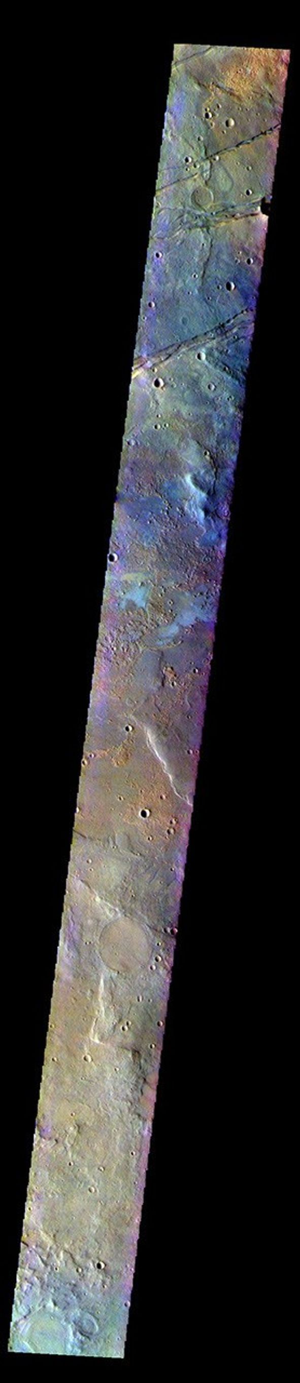 This image from NASA's Mars Odyssey shows part of Terra Sirenum. The linear features at the top of the image are tectonic features called graben.