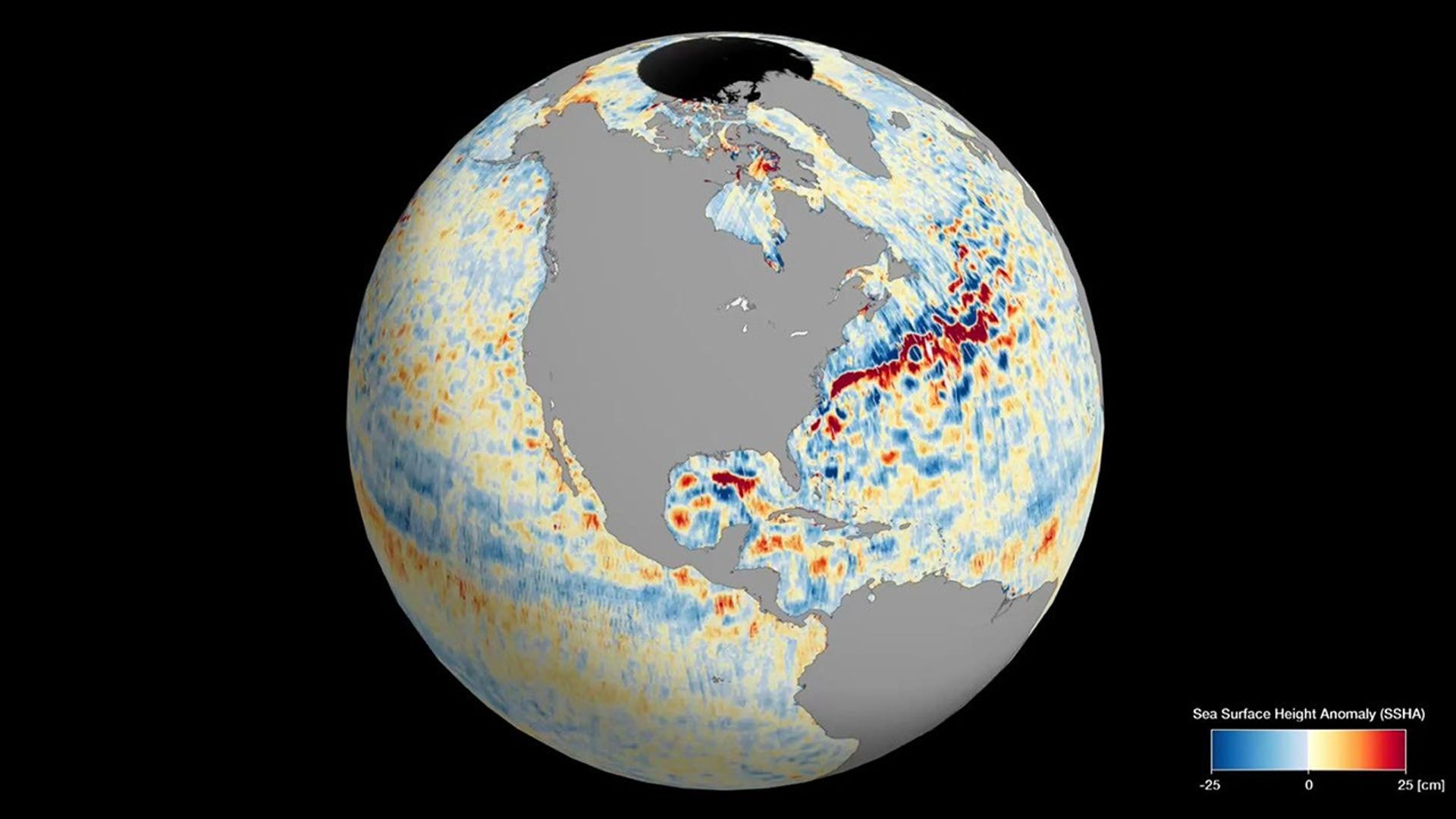This animation shows global sea level data collected by the Surface Water and Ocean Topography satellite from July 26 to Aug. 16, 2023.