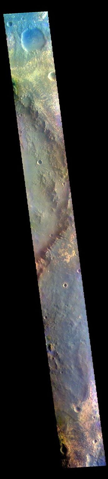 This image from NASA's Mars Odyssey shows part of Oyama Crater. Located in Arabia Terra near Mawrth Vallis, Oyama Crater is 101km (63 miles) in diameter.